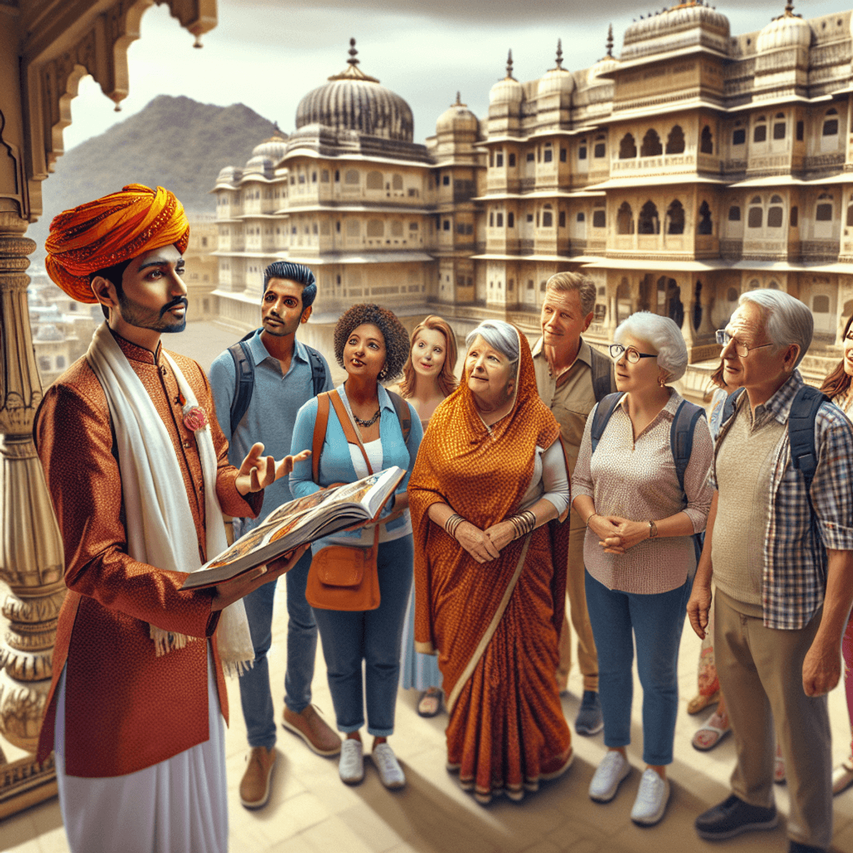 A South Asian tour guide leading a diverse group of tourists through Udaipur's palaces.